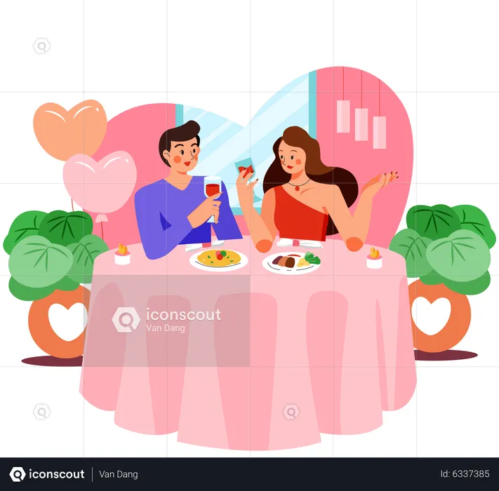 Couple lors d'un dîner romantique au restaurant  Illustration