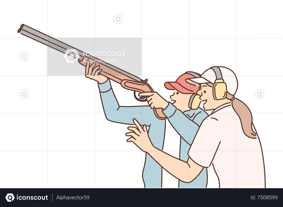 Couple practicing shooting with gun  Illustration