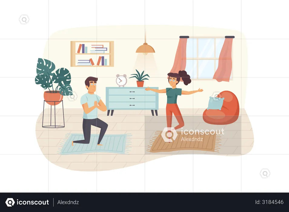 Couple practicing yoga at room  Illustration