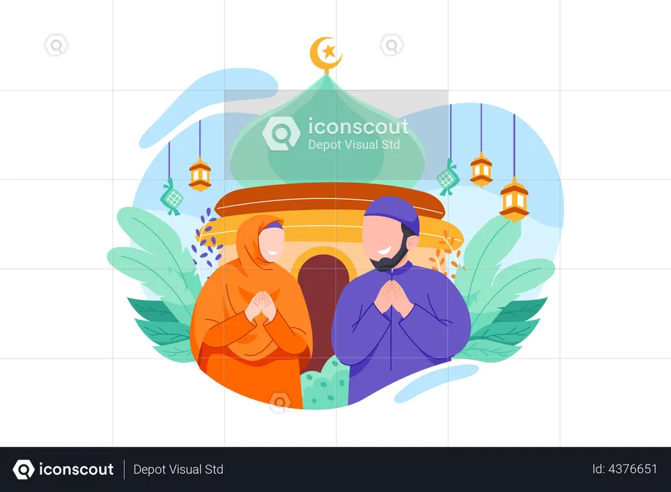 Couple Praying in Front of Mosque  Illustration