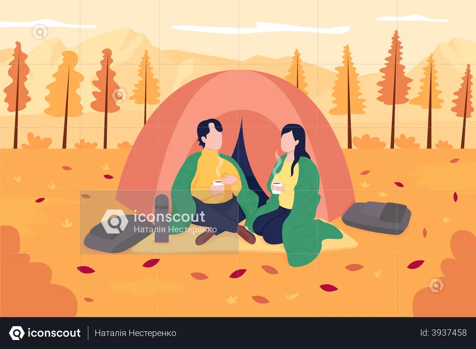 Couple prenant un café pendant le camping d'automne  Illustration