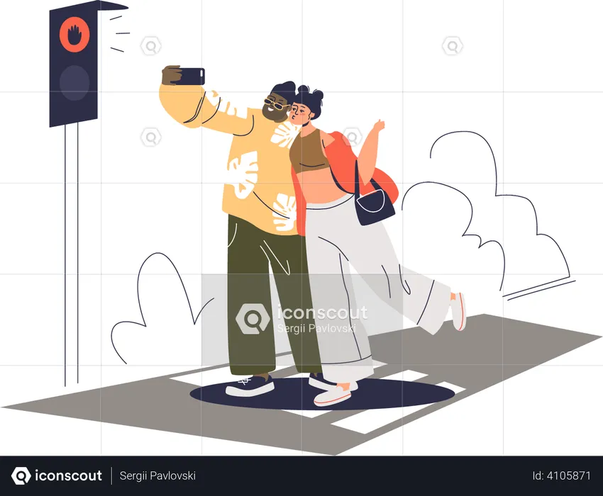 Couple prenant un selfie en se tenant debout sur un passage pour piétons  Illustration