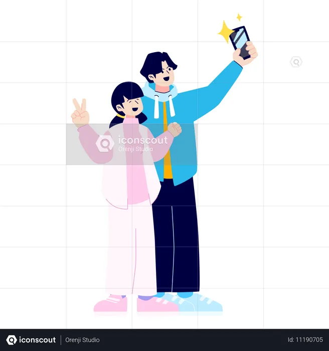 Un couple prend un selfie  Illustration