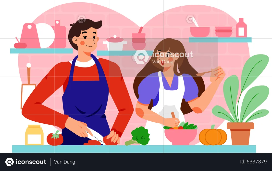 Couple prepare meal for anniversary day  Illustration