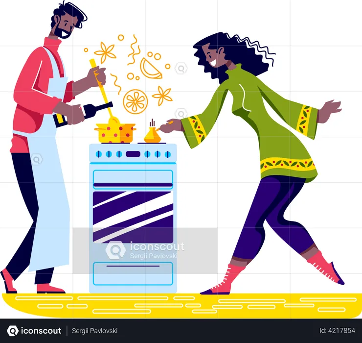 Couple prepare wine and coffee on cooking stove  Illustration