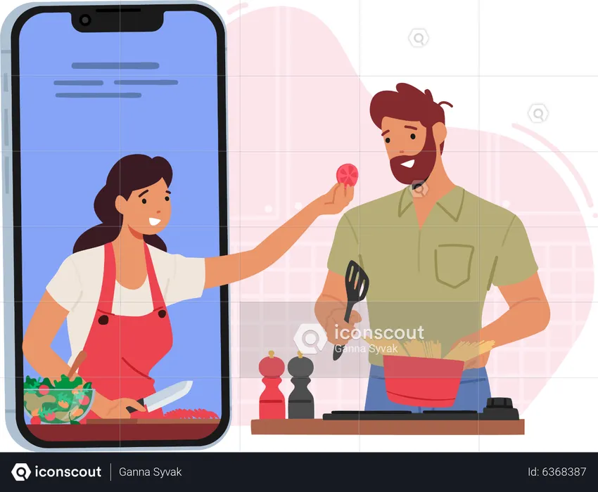 Couple preparing food together online  Illustration