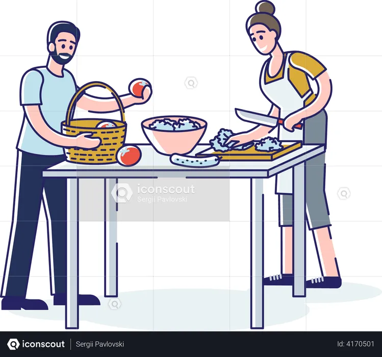 Couple Preparing Healthy Breakfast  Illustration