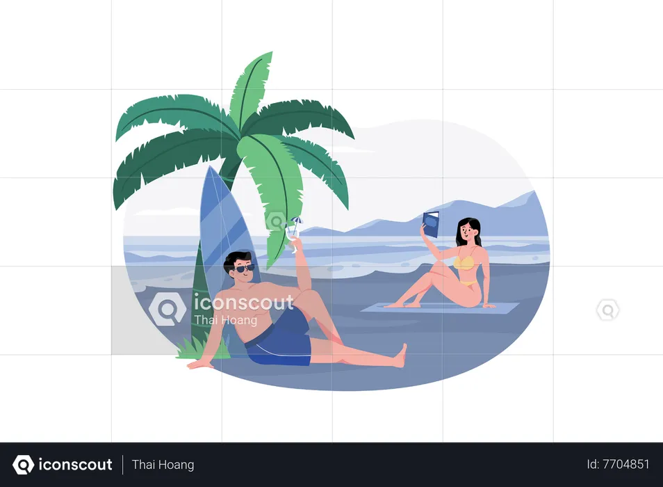 Couple appréciant à la plage  Illustration