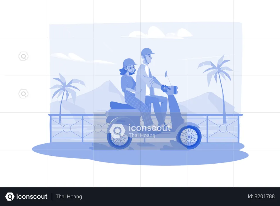 Couple profitant d'un long trajet en scooter  Illustration