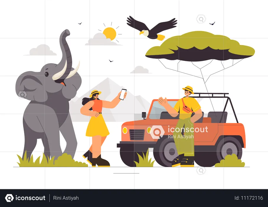 Couple profitant d'un safari animalier  Illustration