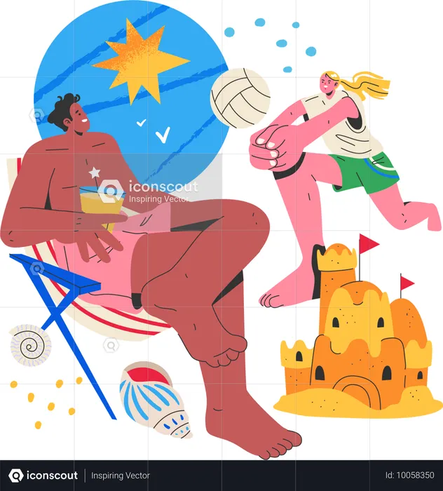 Couple profitant de ses loisirs sur la plage  Illustration