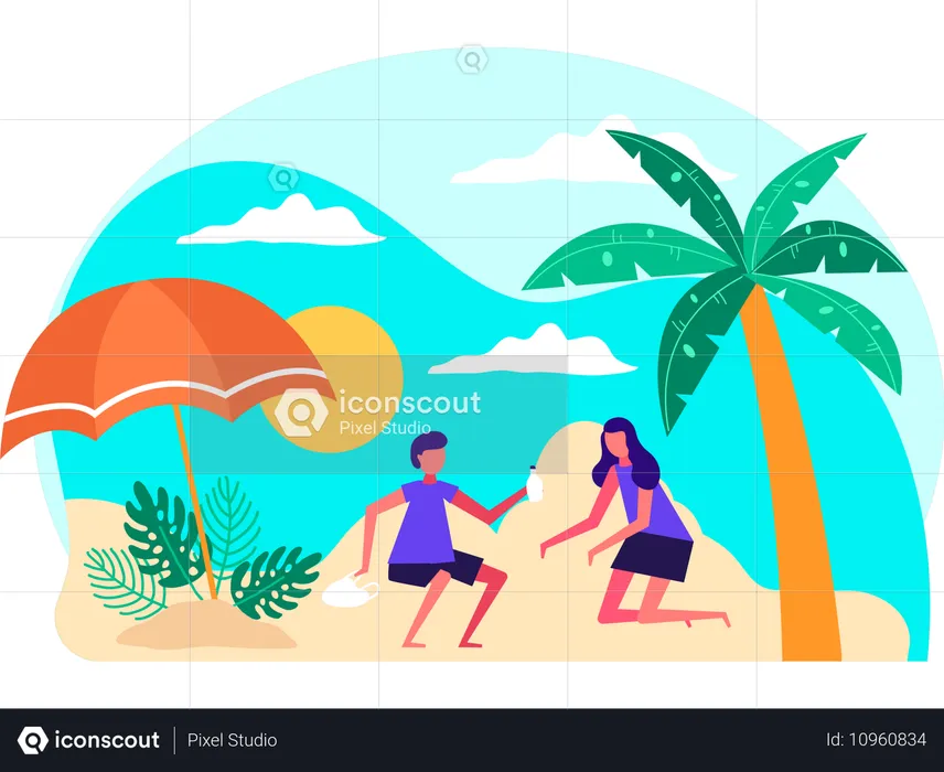 Couple profitant de ses vacances à la plage  Illustration