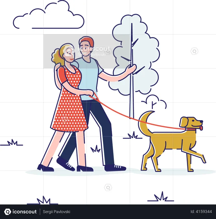 Couple marchant avec un chien dans le parc  Illustration