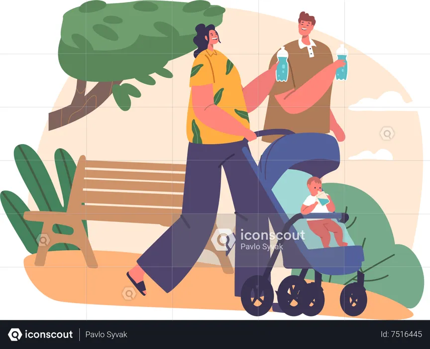 Couple Push Baby Stroller While Enjoying Refreshing Drink Of Water  Illustration