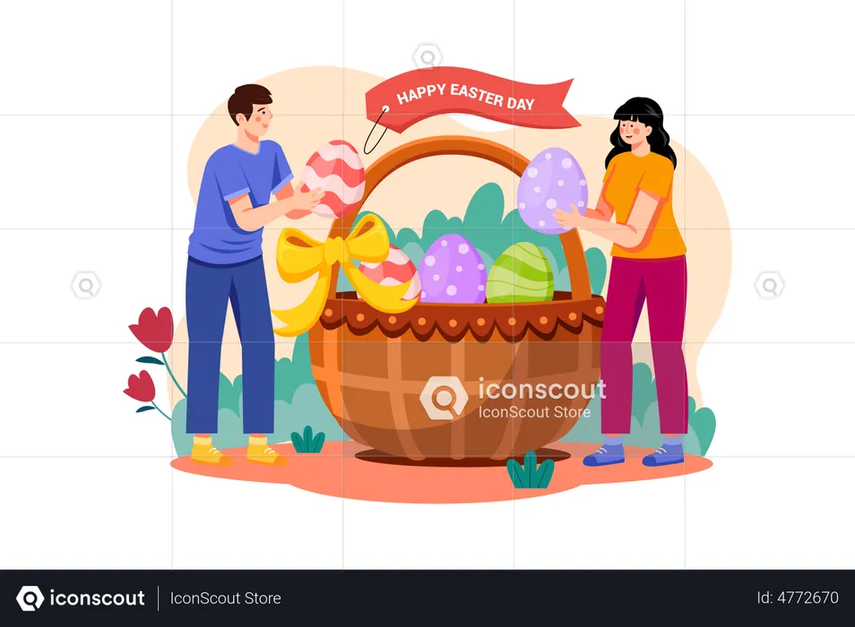 Couple putting Easter eggs into the basket  Illustration