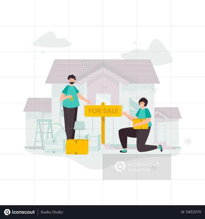 Couple putting up house for sale sign  Illustration