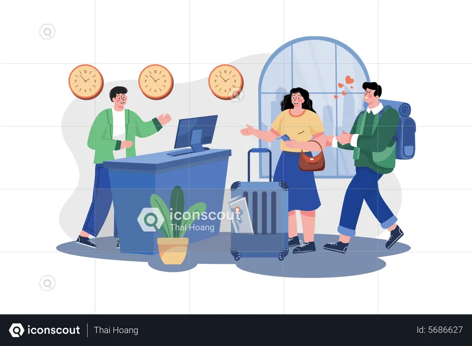 Couple reaching at hotel reception  Illustration