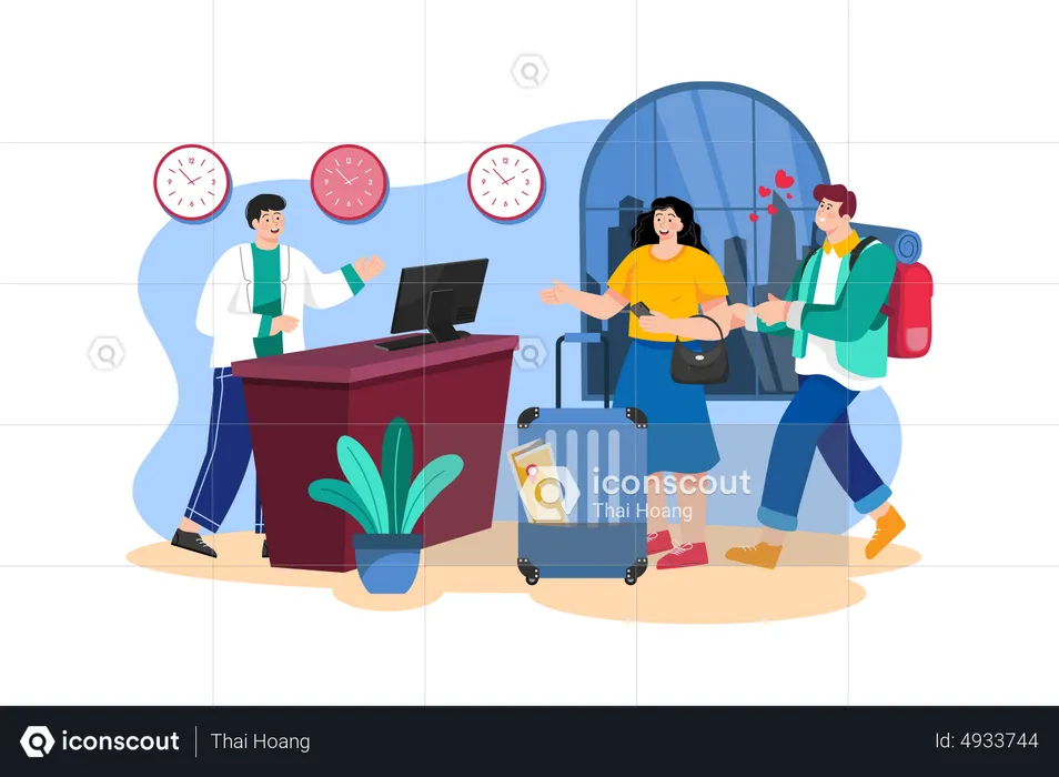 Couple reaching at hotel reception  Illustration