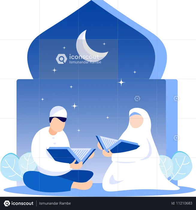 Couple reading Quran book together  Illustration