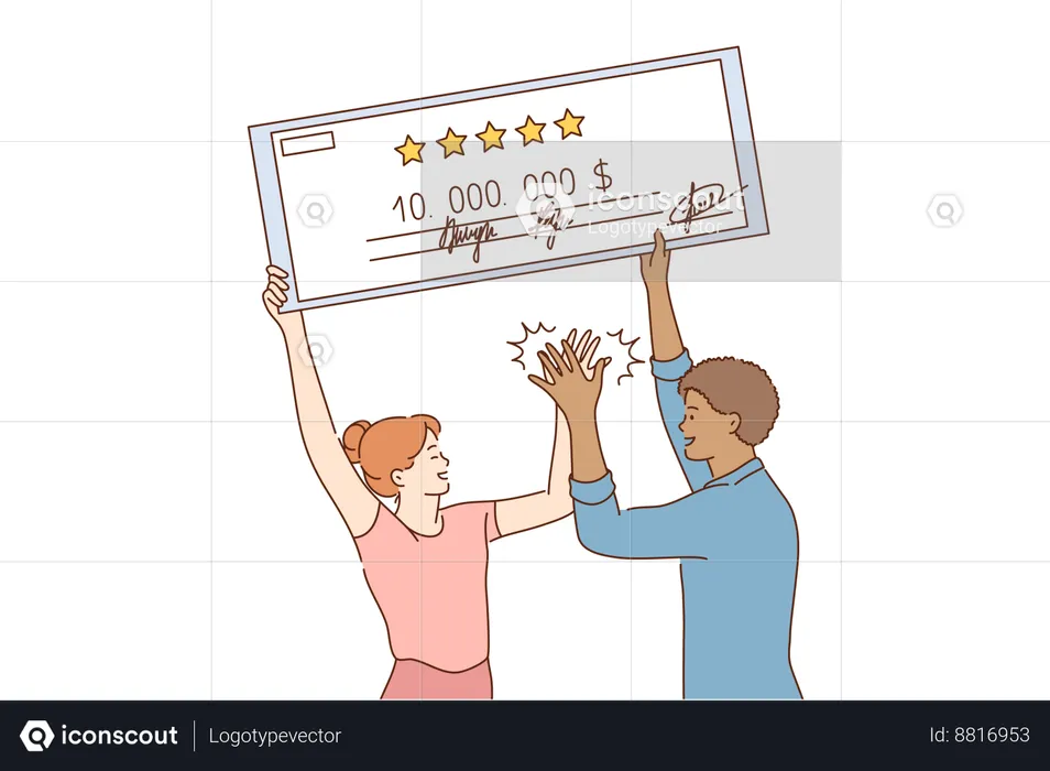 Couple receives money cheque  Illustration