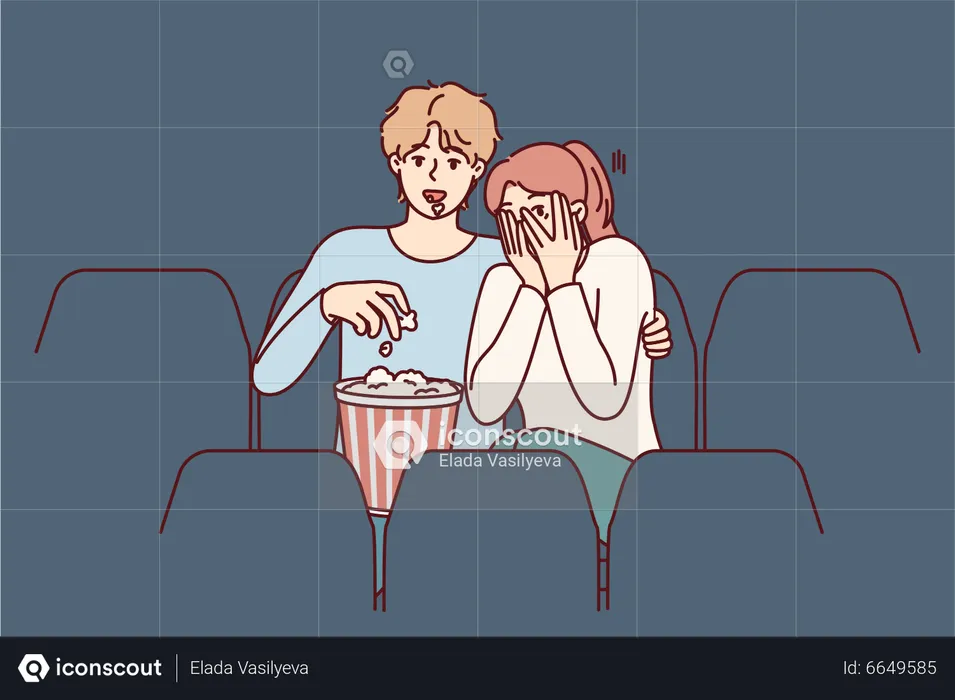 Couple regardant un film d’horreur au théâtre  Illustration