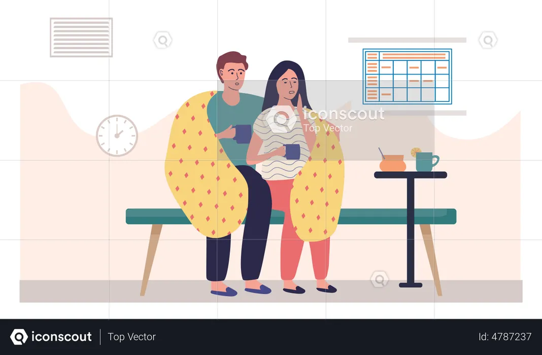 Couple resting and drinking antiviral at home  Illustration