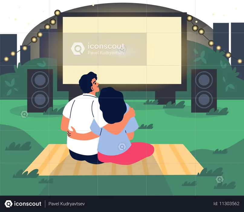 Couple resting at lawn and watching movie on big screen  Illustration