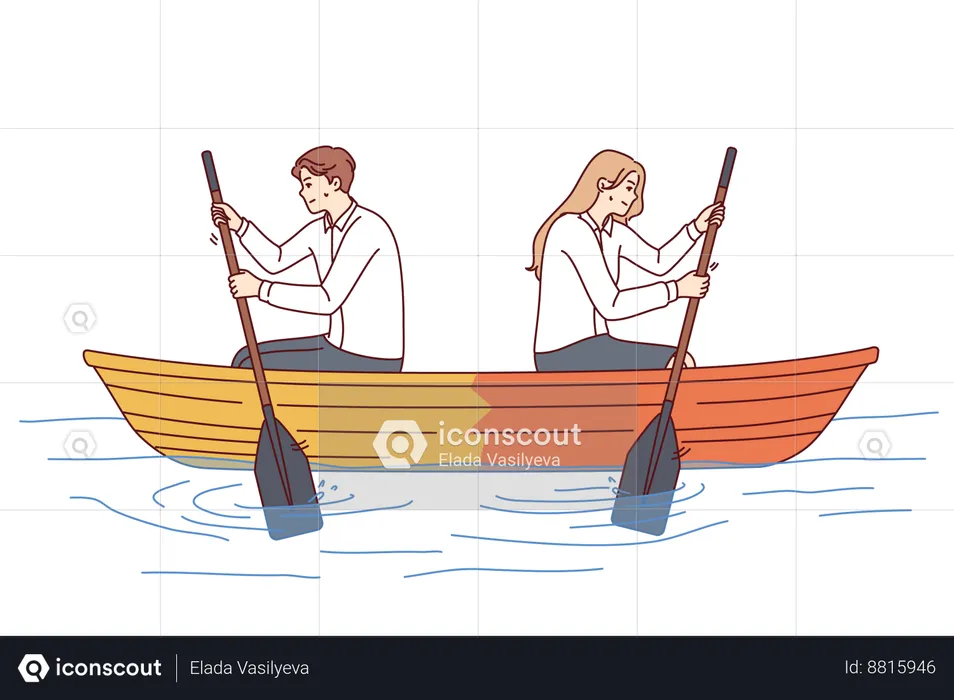 Couple rides boat in opposite direction  Illustration