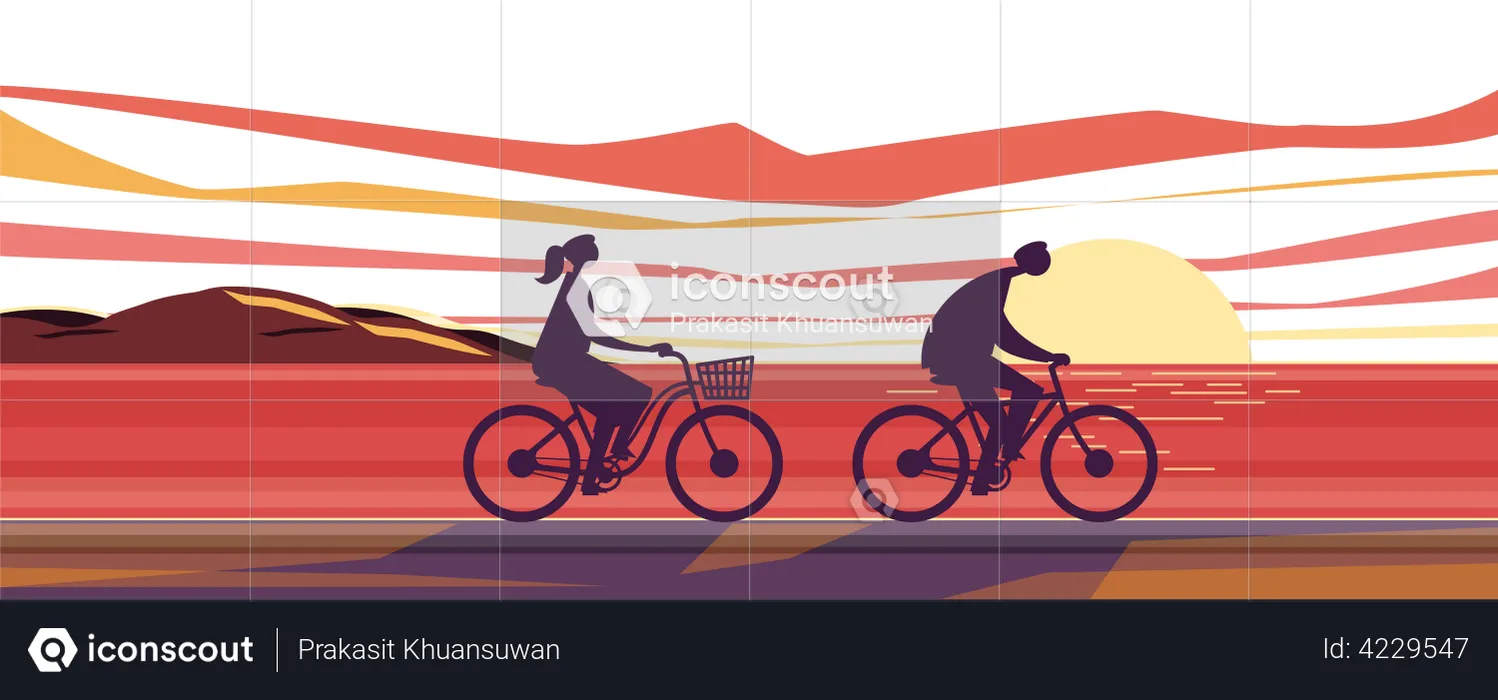 Couple riding bicycle during sunset  Illustration