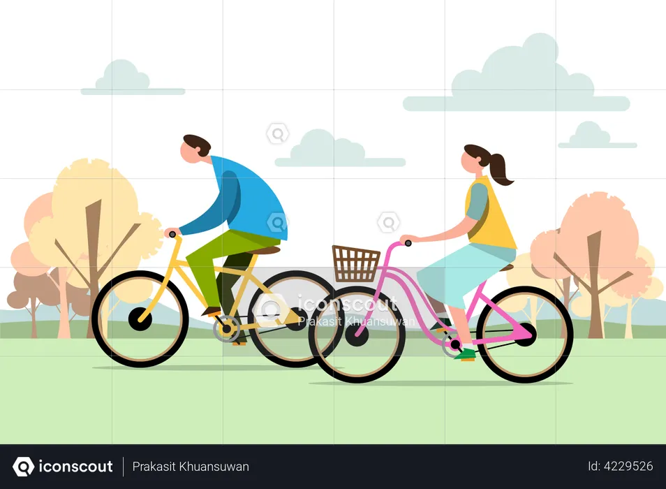 Couple riding bicycle in park  Illustration