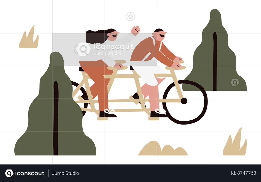 Couple riding bicycle together in park  Illustration