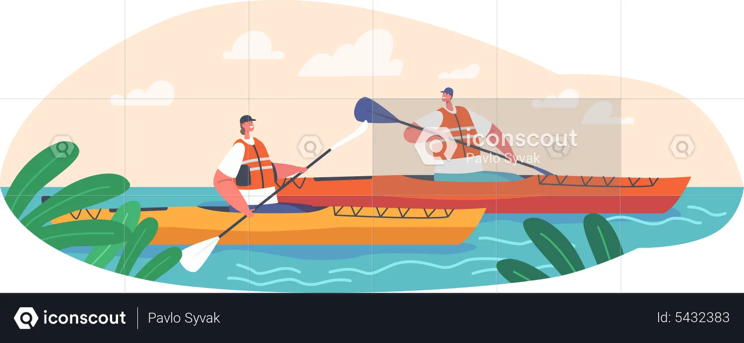 Couple riding canoe in wild river  Illustration