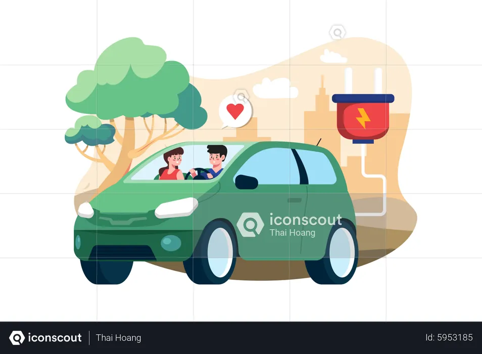 Couple Riding Electric Car  Illustration