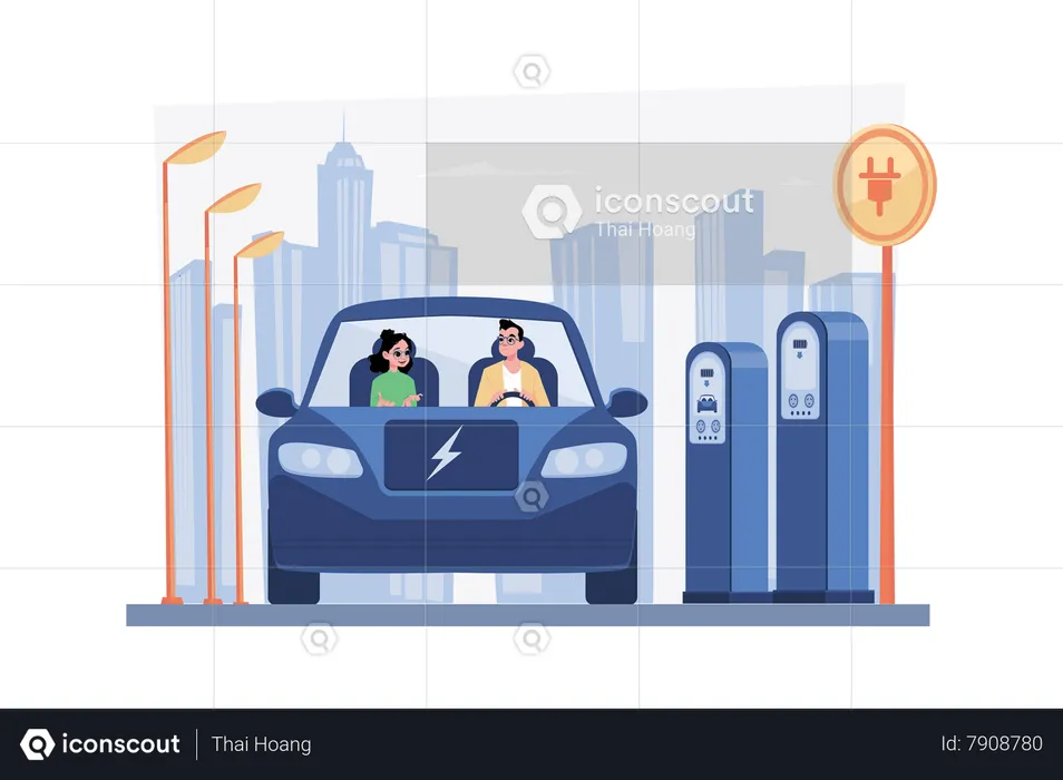 Couple Riding Electric Car  Illustration