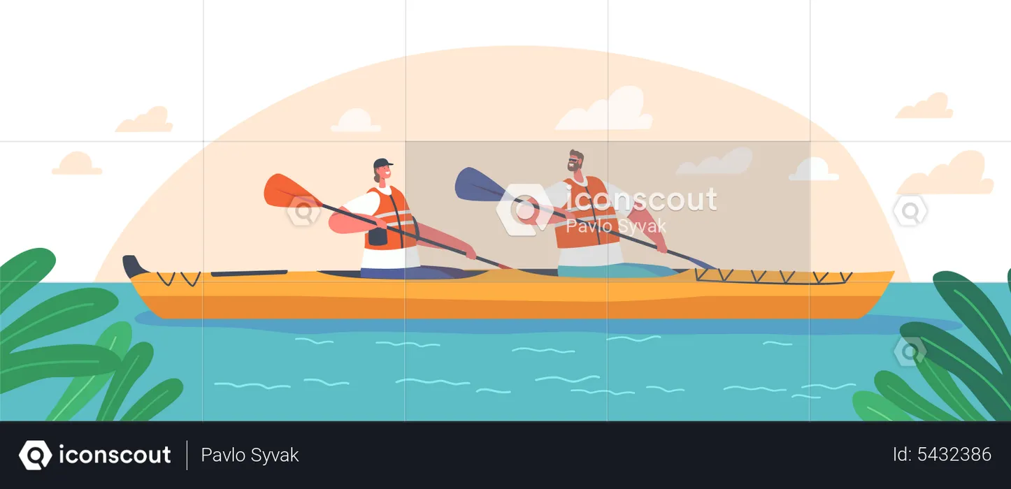 Couple riding raft on kayak boat  Illustration