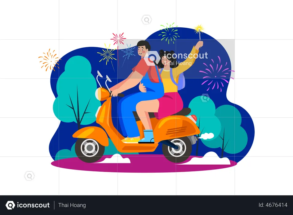 Couple Riding Scooter On New Year  Illustration