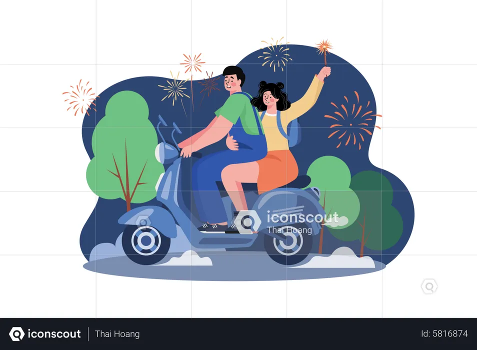 Couple Riding Scooter On New Year  Illustration