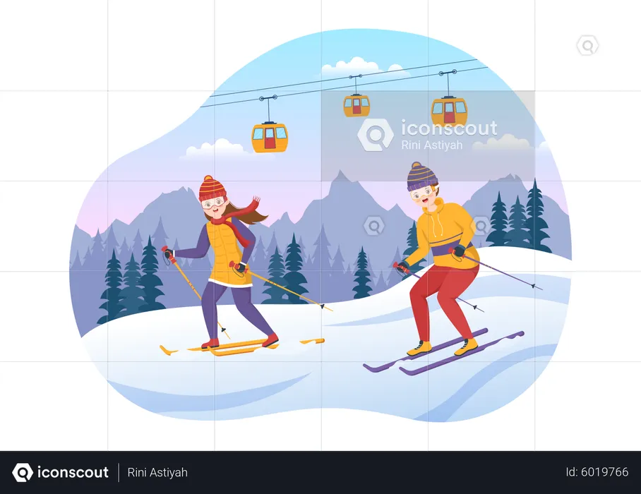 Couple riding ski together  Illustration