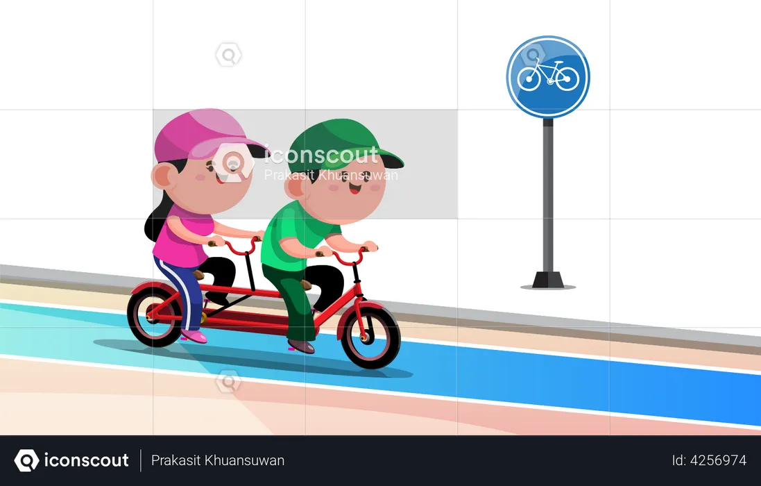 Couple riding tandem cycle  Illustration