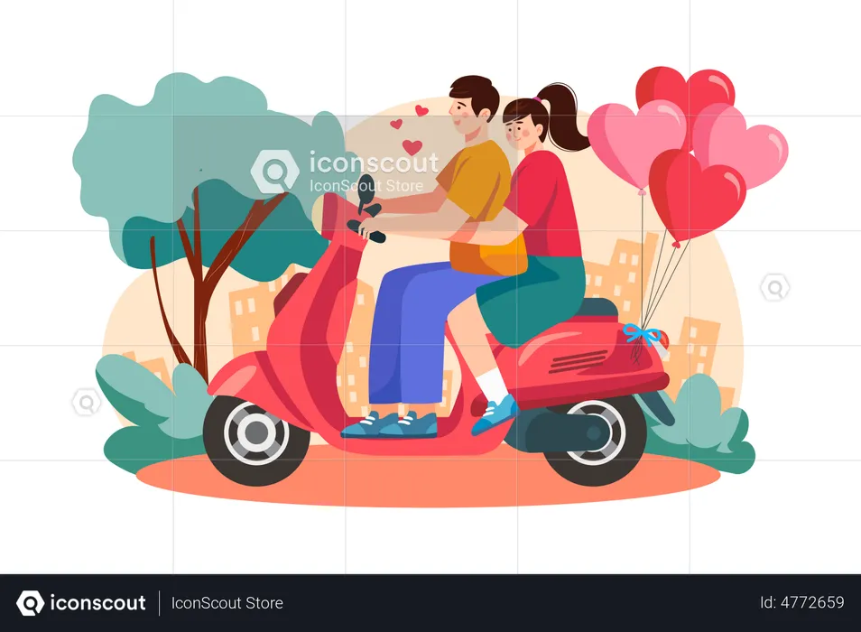 Couple riding together on scooter  Illustration
