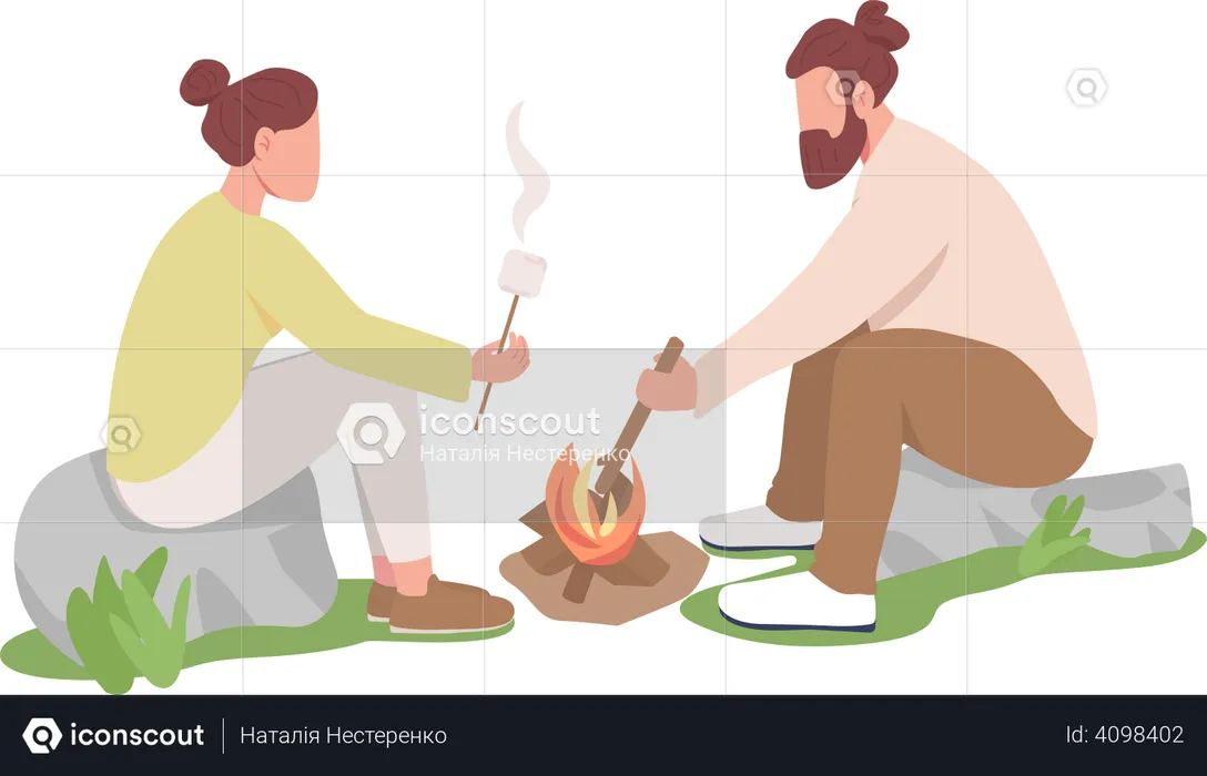 Couple roasting marshmallows on sticks  Illustration