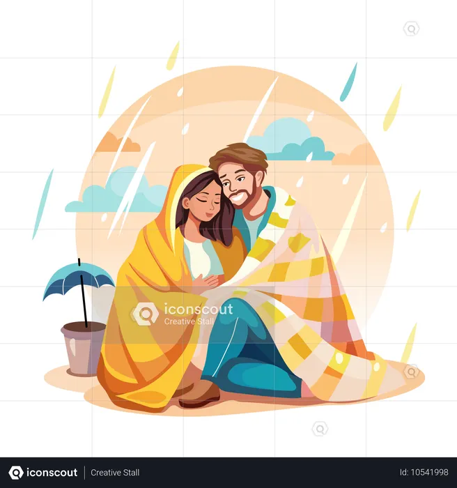 Un couple romantique profite du temps pluvieux  Illustration