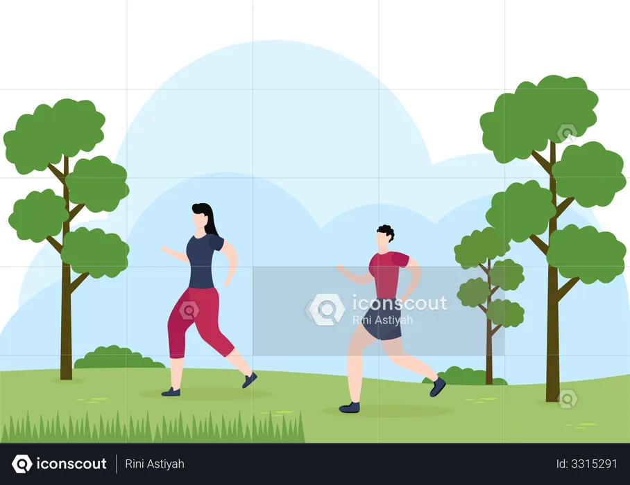 Couple Running In Park  Illustration