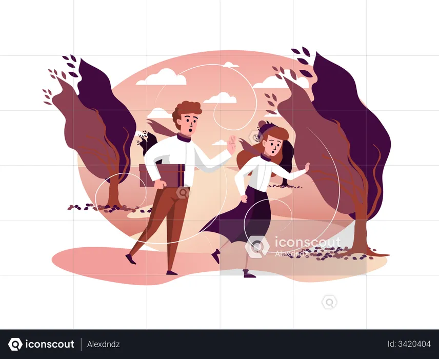 Couple running in storm windy weather in autumn park  Illustration