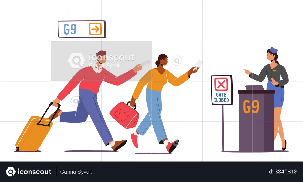 Couple running late at airport  Illustration