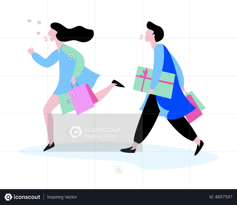 Couple running with shopping bags  Illustration