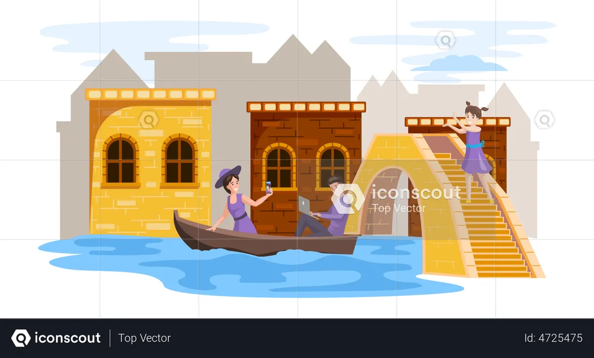 Couple sailing in boat and working with laptop remotely  Illustration