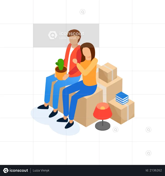 Couple seating on boxes while shifting house  Illustration