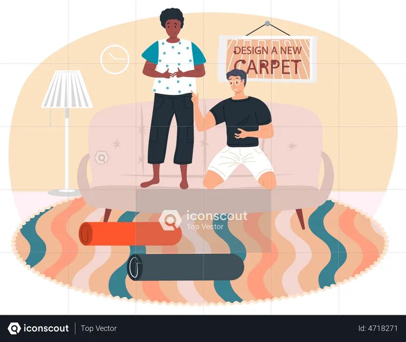 Couple selecting carpet according to interior design  Illustration
