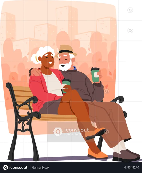 Un couple âgé sirote un café chaud sur un banc de parc  Illustration